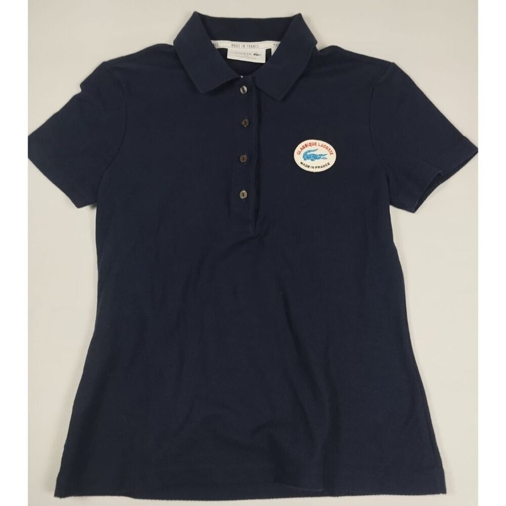 Lacoste Women 34 Classique Polo Shirt Navy Blue Short Sleeve Made in France